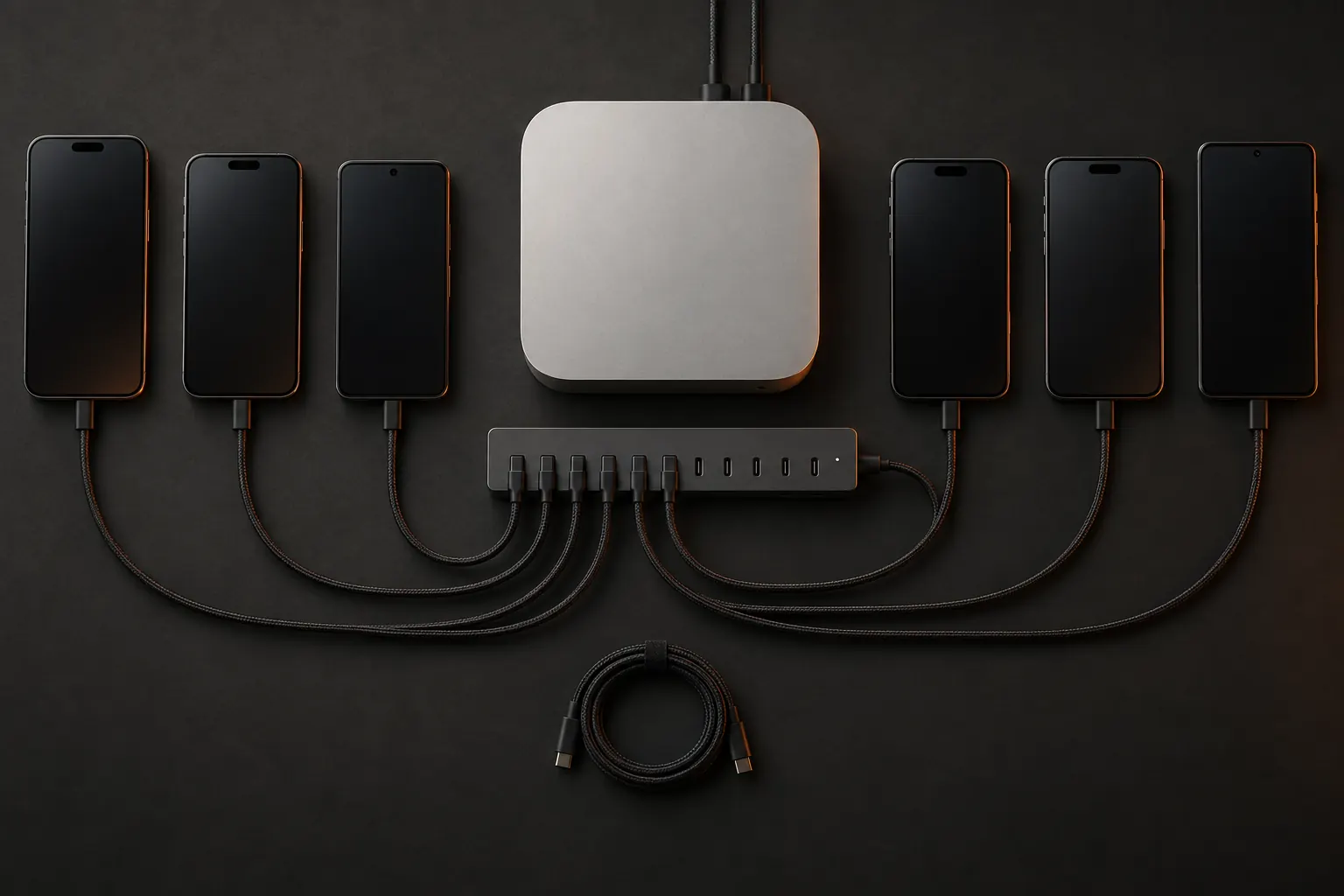 Top-down view of a Mac mini, a powered USB hub and six phones cabled to it on a charcoal surface